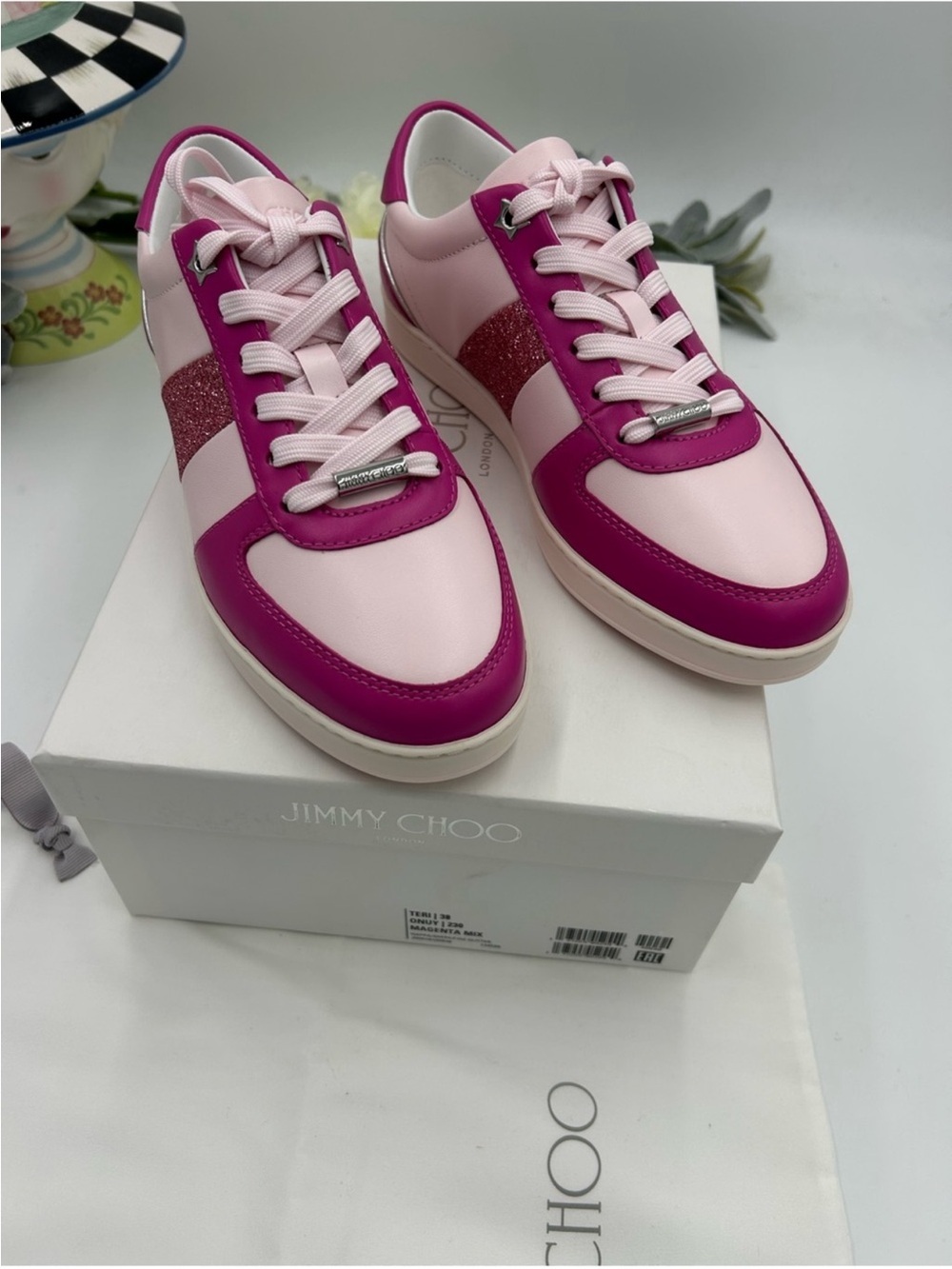 Womenโs JIMMY choo TERI magenta mix, leather sneakers size 38NWT